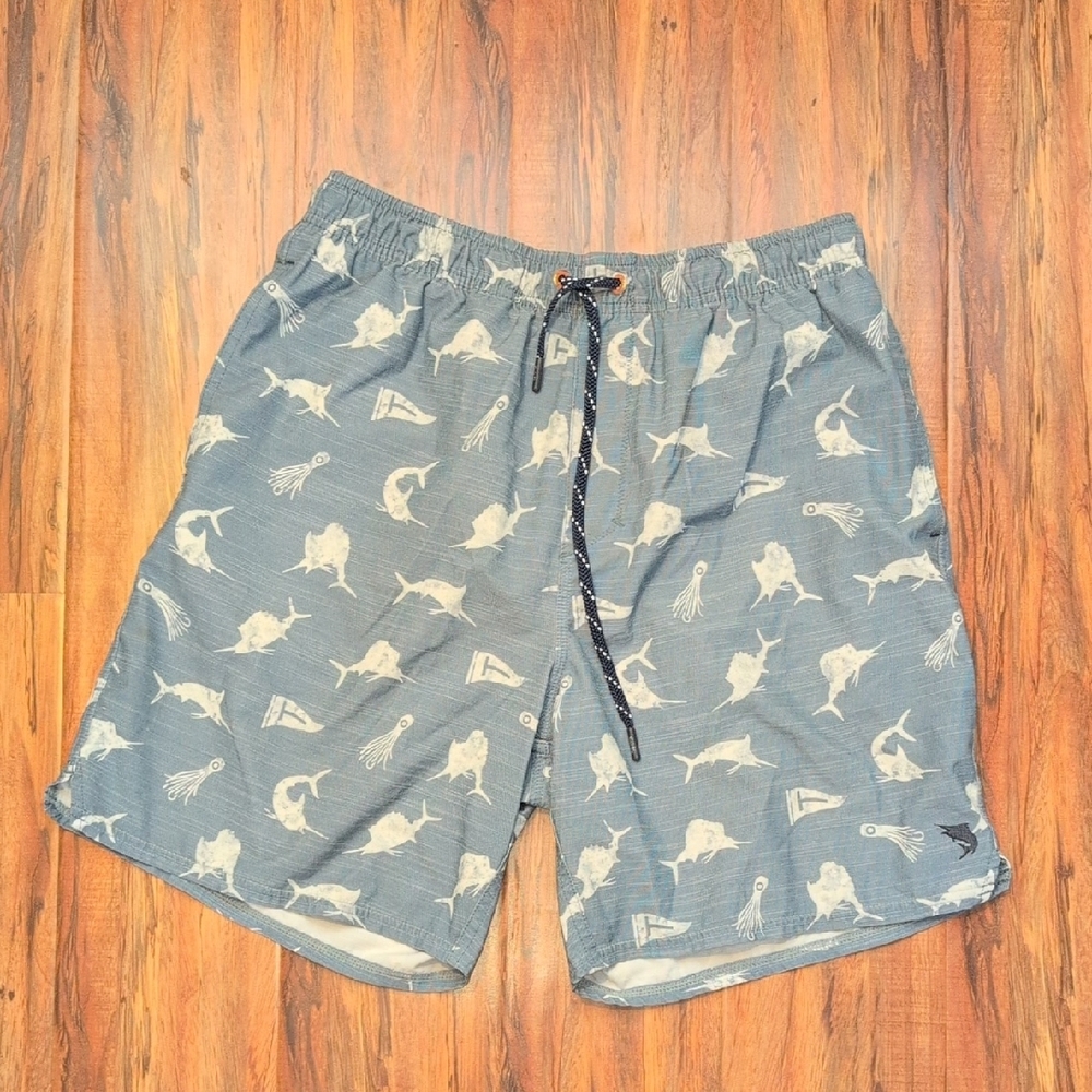 Salt Life Blue and White Board Shorts with Marine Print